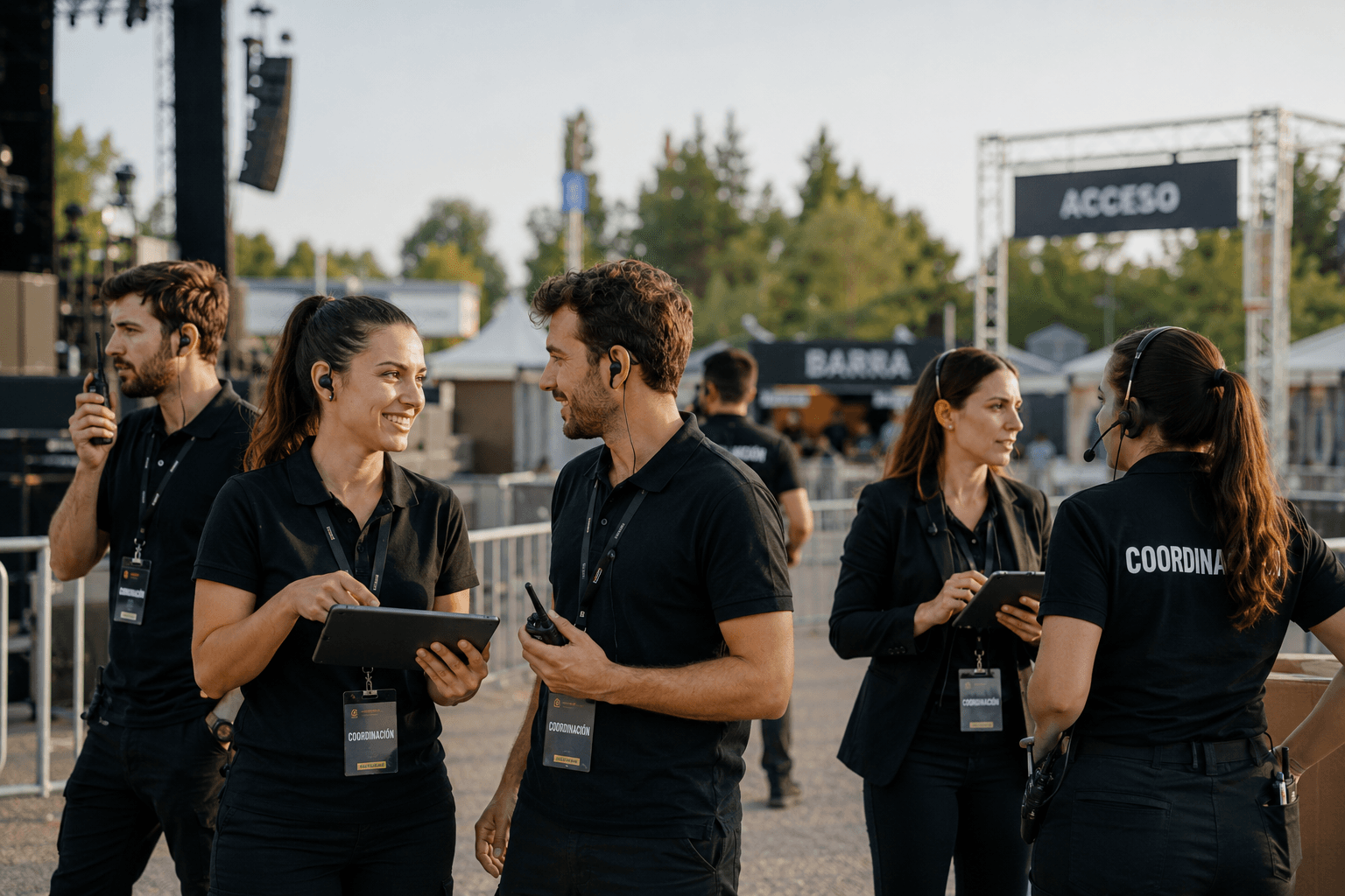 Equipo de coordinación con auriculares, walkies y tablets organizando los accesos de un festival